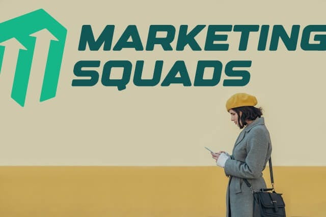 young woman using smartphone and wearing yellow beret and a gray coat below marketing squads logo