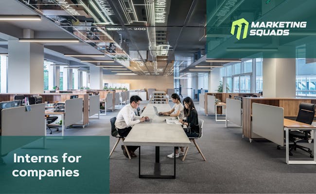 Several employees work in an open space, in an office with marketing squads logo and text: Interns for companies